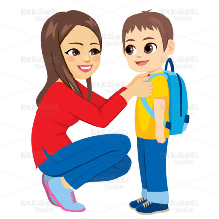 Mom Kid First School Day Clipart Vector Illustration 05008