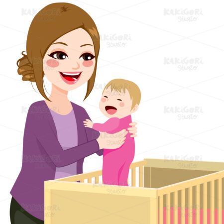 Mom Picking Baby From Crib Clipart Vector Illustration 02233