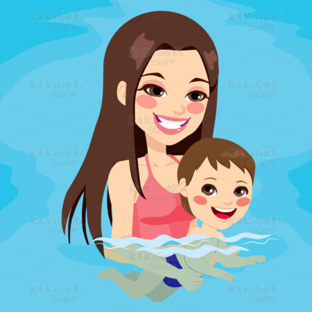 Mom Teaching Baby Boy Swimming Clipart Vector Illustration 01868