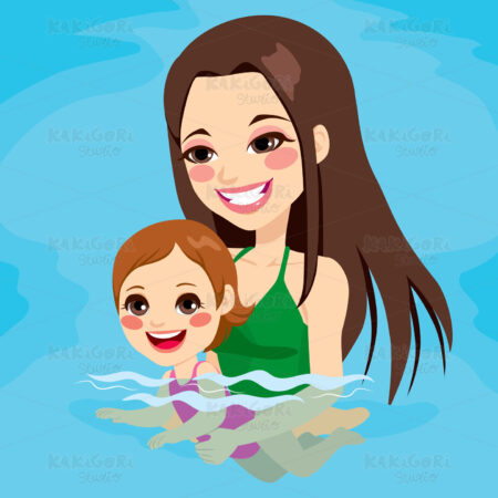 Mom Teaching Baby Girl Swimming Clipart Vector Illustration 01867
