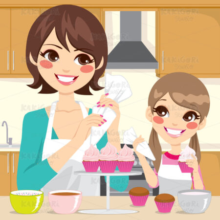 Mother and Daughter Decorating Cupcakes Clipart Vector Illustration 01341