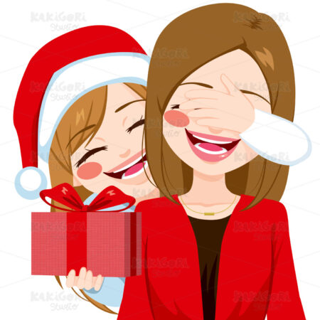 Mother Daughter Christmas Gift Giving Clipart Vector Illustration 03150