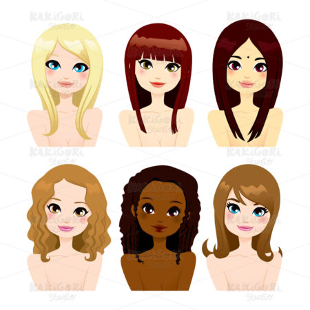 Multi-ethnic Women Long Hair Clipart Vector Illustration 01033