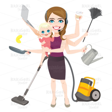 Multitask Woman Holding Baby Clipart Vector Illustration 04716