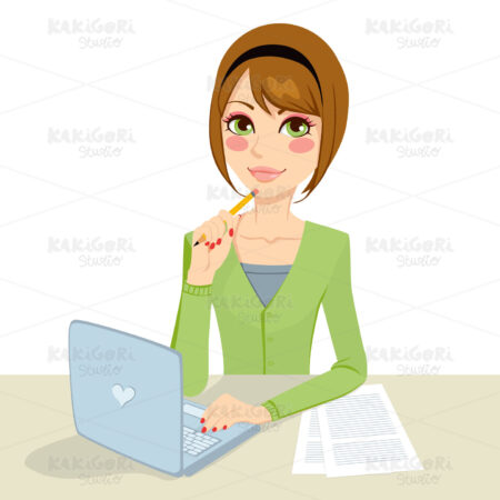 Pensive Brunette Secretary Clipart Vector Illustration 01193