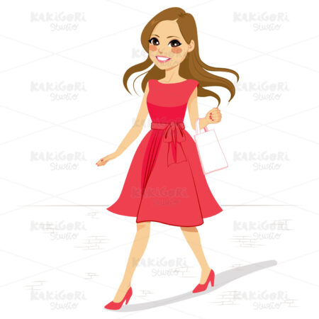 Pink Dress Woman Walking Street Clipart Vector Illustration 02147