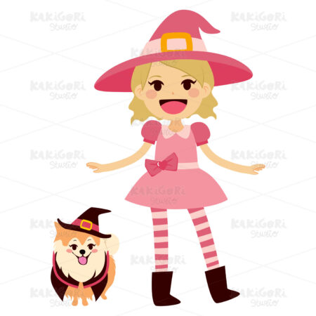 Pink Witch and Dog Clipart Vector Illustration 02323