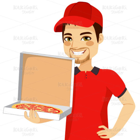 Pizza Delivery Man Holding Box Clipart Vector Illustration 02138