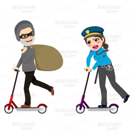 Police Chasing Burglar Riding Scooter Clipart Vector Illustration 04760