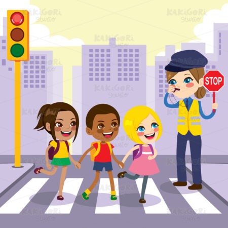 Police Woman Helping Children Clipart Vector Illustration 04740