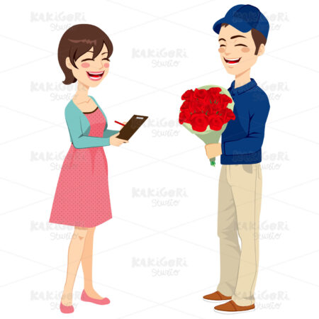 Postman Delivering Flowers Clipart Vector Illustration 02534