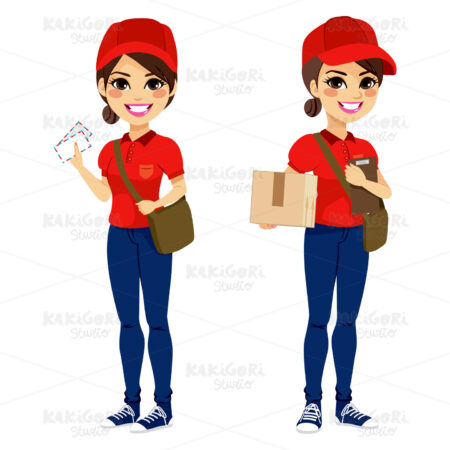 Postwoman Delivering Mail Parcel Clipart Vector Illustration 02497