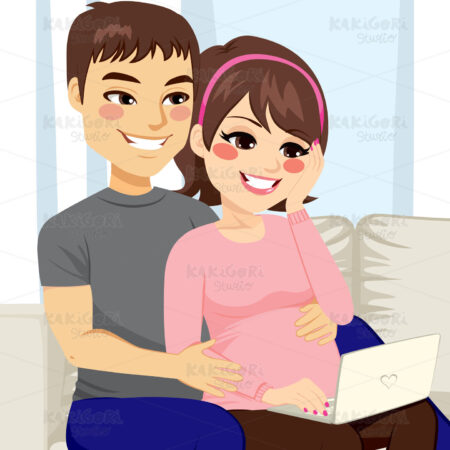 Pregnant Couple Sofa Laptop Clipart Vector Illustration 02632