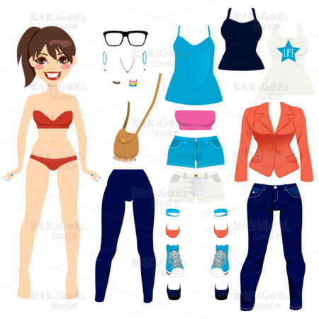 Pretty Paper Doll Set Clipart Vector Illustration 01114