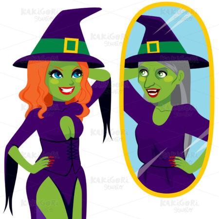 Pretty Ugly Witch Mirror Reflection Clipart Vector Illustration 02319