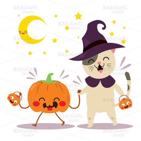 Pumpkin Cat Friends Walking Halloween Clipart Vector Illustration 05013