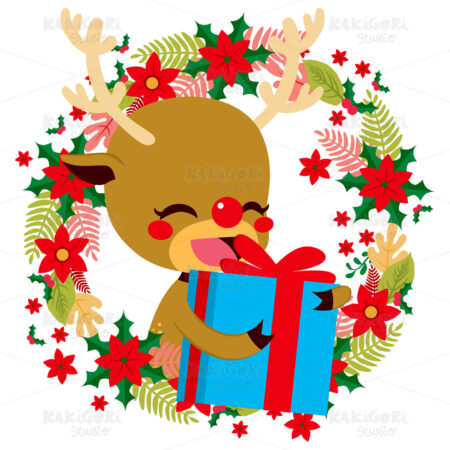 Reindeer Christmas Gift Giving Clipart Vector Illustration 03157