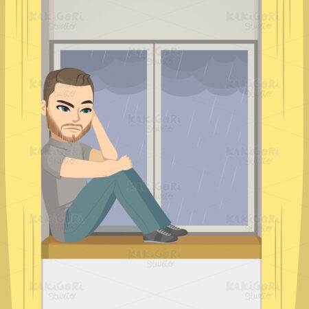 Sad Depressed Man Window Clipart Vector Illustration 04390