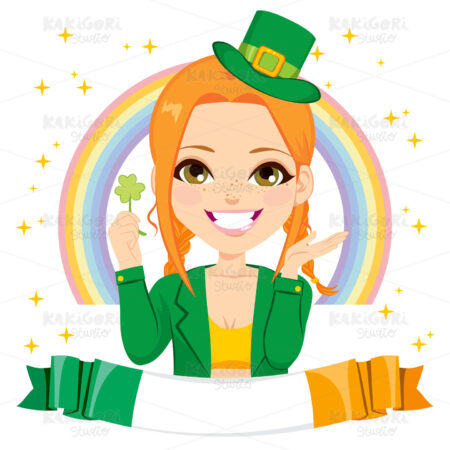 Saint Patrick Leprechaun Girl Banner Clipart Vector Illustration 02547