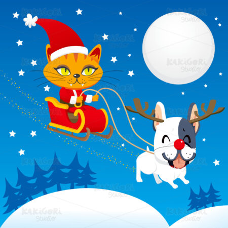 Santa Cat Sleigh Clipart Vector Illustration 00757