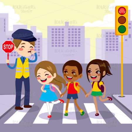 School Children Pedestrian Crossing Clipart Vector Illustration 01742