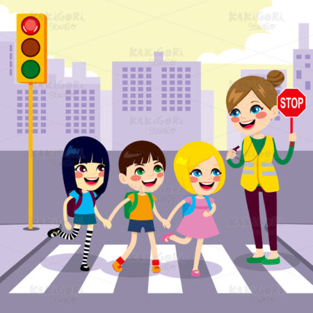 School Students Crossing Street Clipart Vector Illustration 01741
