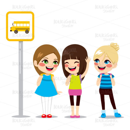 Schoolgirls Waiting Bus Stop Clipart Vector Illustration 01714