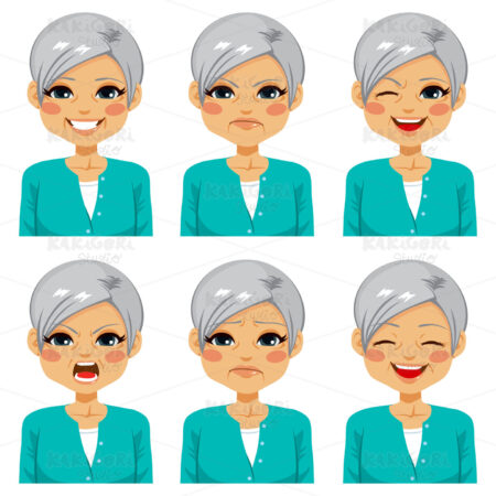 Senior Happy Woman Face Expressions Clipart Vector Illustration 02394