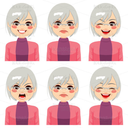 Senior Woman Face Expressions Clipart Vector Illustration 02382