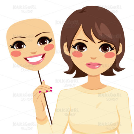 Serious Woman Holding Happy Mask Clipart Vector Illustration 02171