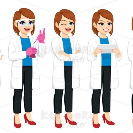 Set Of Female Scientist Actions Clipart Vector Illustration 04807