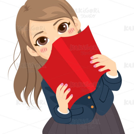 Shy Student Girl Behind Textbook Clipart Vector Illustration 05010