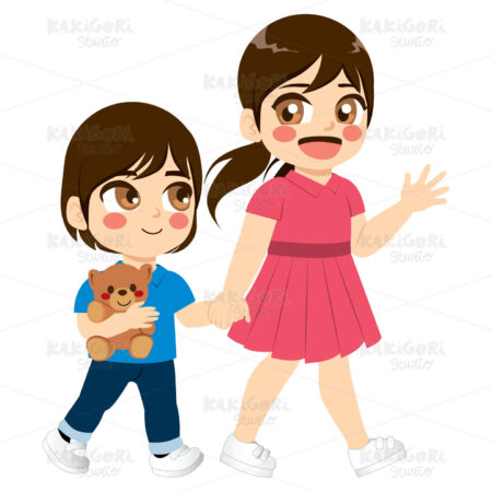 Siblings Walking Clipart Vector Illustration 04043
