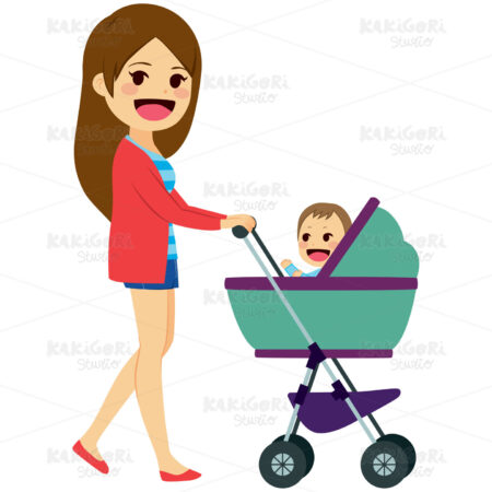 Single Mom Pushing Stroller Clipart Vector Illustration 02371