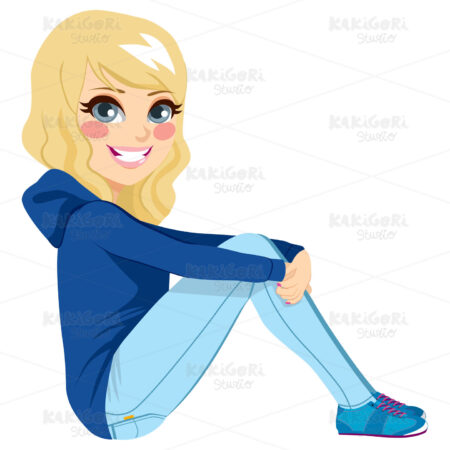 Sitting Teenager Blonde Girl Clipart Vector Illustration 02493