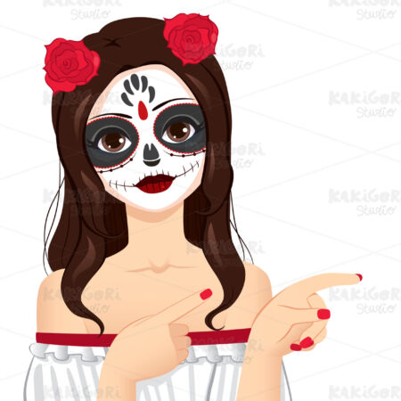 Skull Painting Woman Pointing Fingers Clipart Vector Illustration 04918