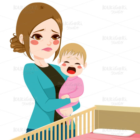 Sleepy Mother Consoling Baby Crying Clipart Vector Illustration 02750