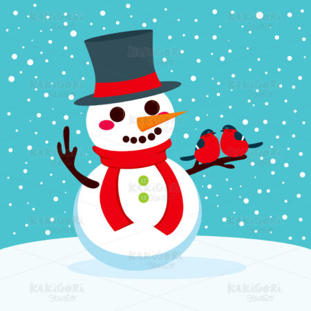 Snowman With Red Birds In Love Clipart Vector Illustration 01858