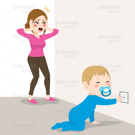 Stressed Mom Baby Socket Danger Clipart Vector Illustration 02749