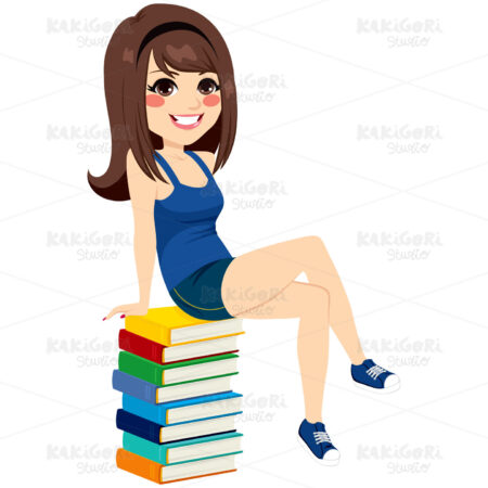 Student Girl Sitting Books Pile Clipart Vector Illustration 02932