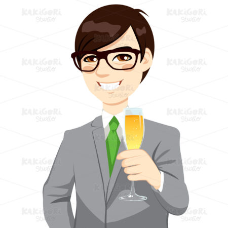 Successful Asian Businessman Toasting Champagne Clipart Vector Illustration 02022