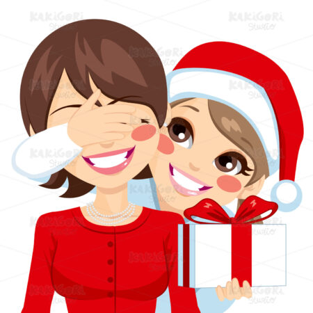Surprise Christmas Present Daughter Mom Clipart Vector Illustration 02484
