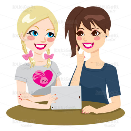 Tablet Teenage Girls Friends Clipart Vector Illustration 01208