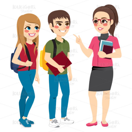 Teacher Talking With Students Standing Clipart Vector Illustration 04077
