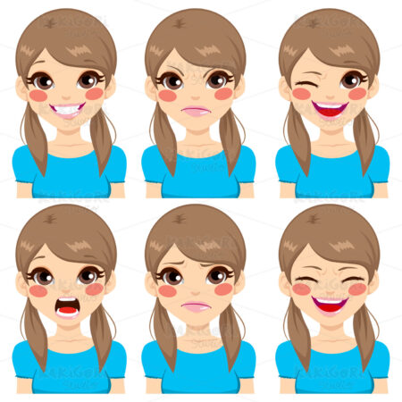 Teenage Girl Face Expressions Clipart Vector Illustration 02383