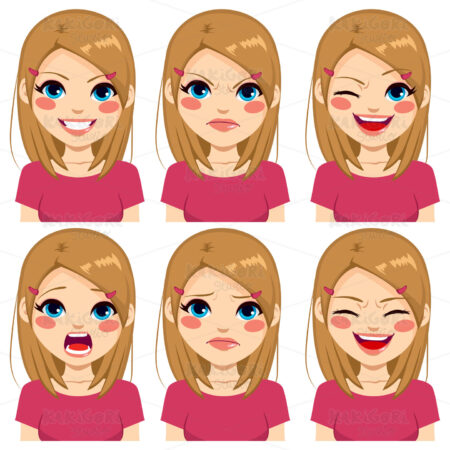 Teenage Pink Girl Face Expressions Clipart Vector Illustration 02395