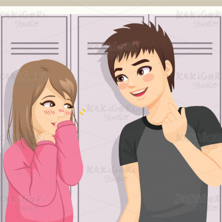 Teenager Boy Talking Shy Girl Clipart Vector Illustration 04937