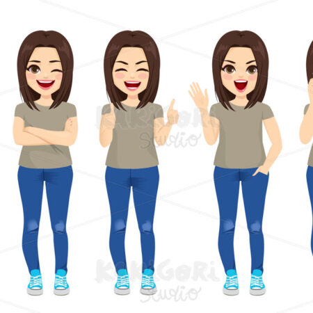 Teenager Brunette Girl Set Collection Clipart Vector Illustration 04820