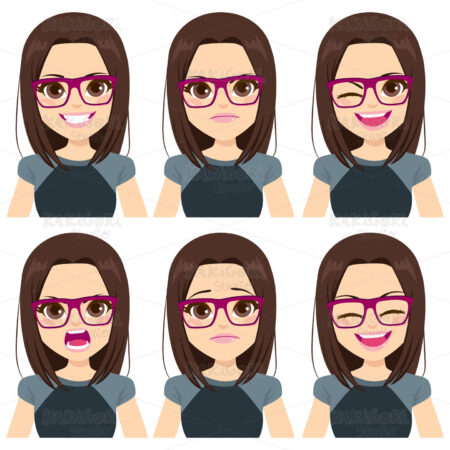Teenager Girl Face Set Expressions Clipart Vector Illustration 04619