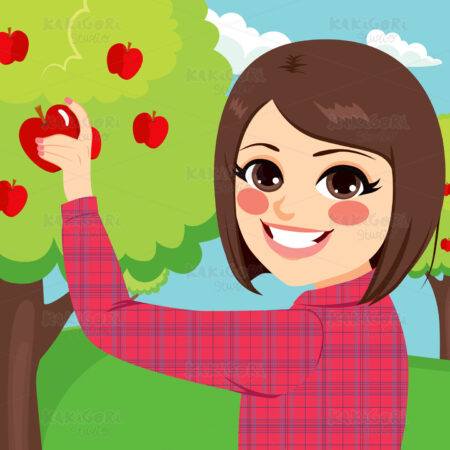Teenager Girl Picking Apple Clipart Vector Illustration 03097